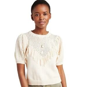 Stella Pardo Paris Anthropologie Creamy Off White Short Puff Sleeve Knit Sweater